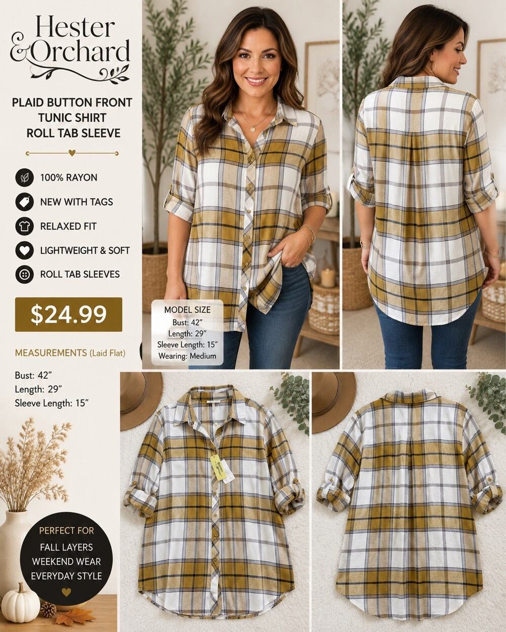 🆕Hester & Orchard Women’s Plaid Collared Button-Up Shirt M Roll Tab Long Sleeve
